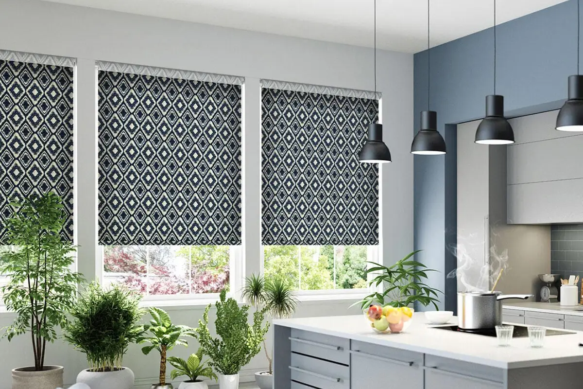 Patterned roller blinds in an Ashmore kitchen