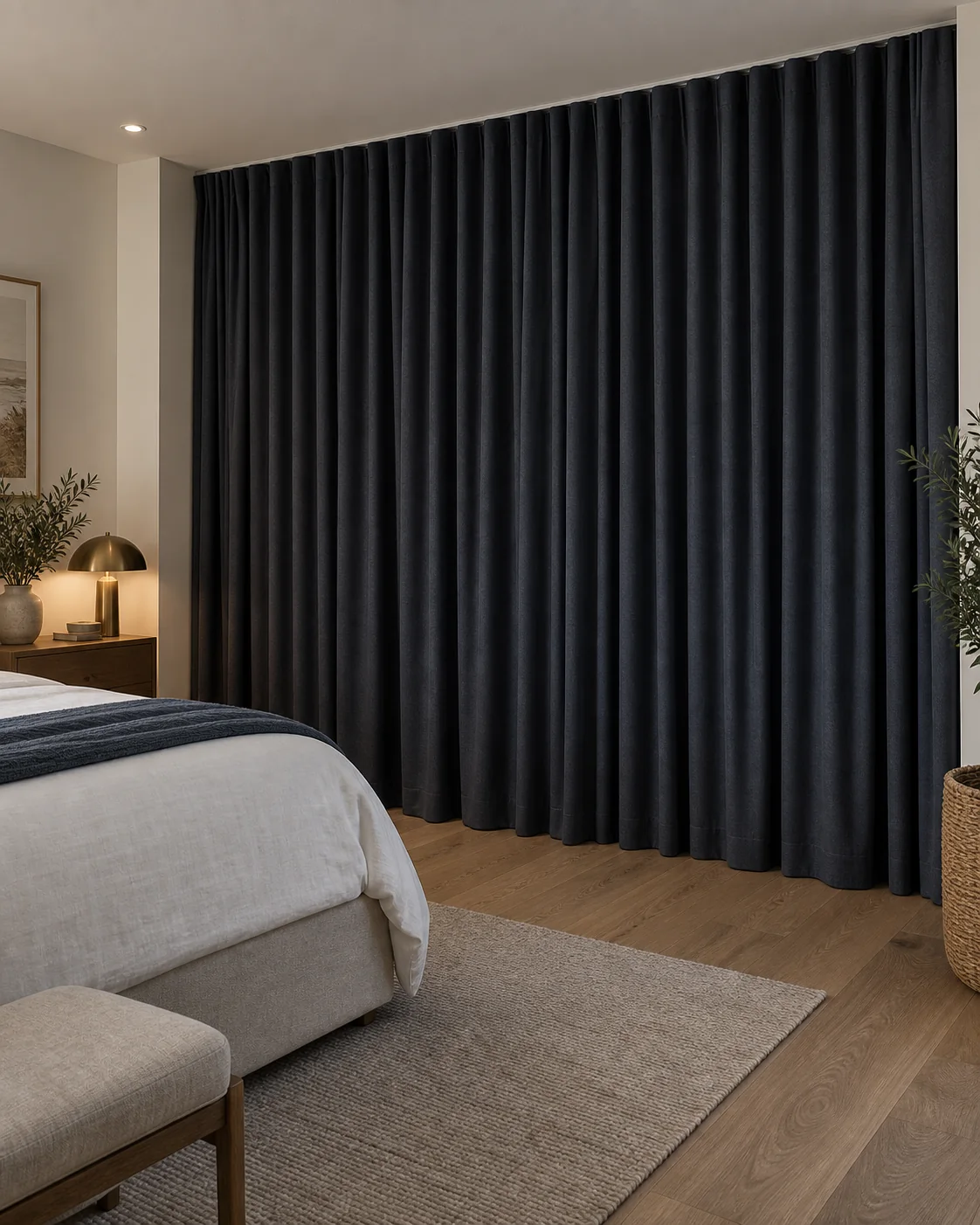 Floor-length navy blockout curtains closed across a Gold Coast bedroom window