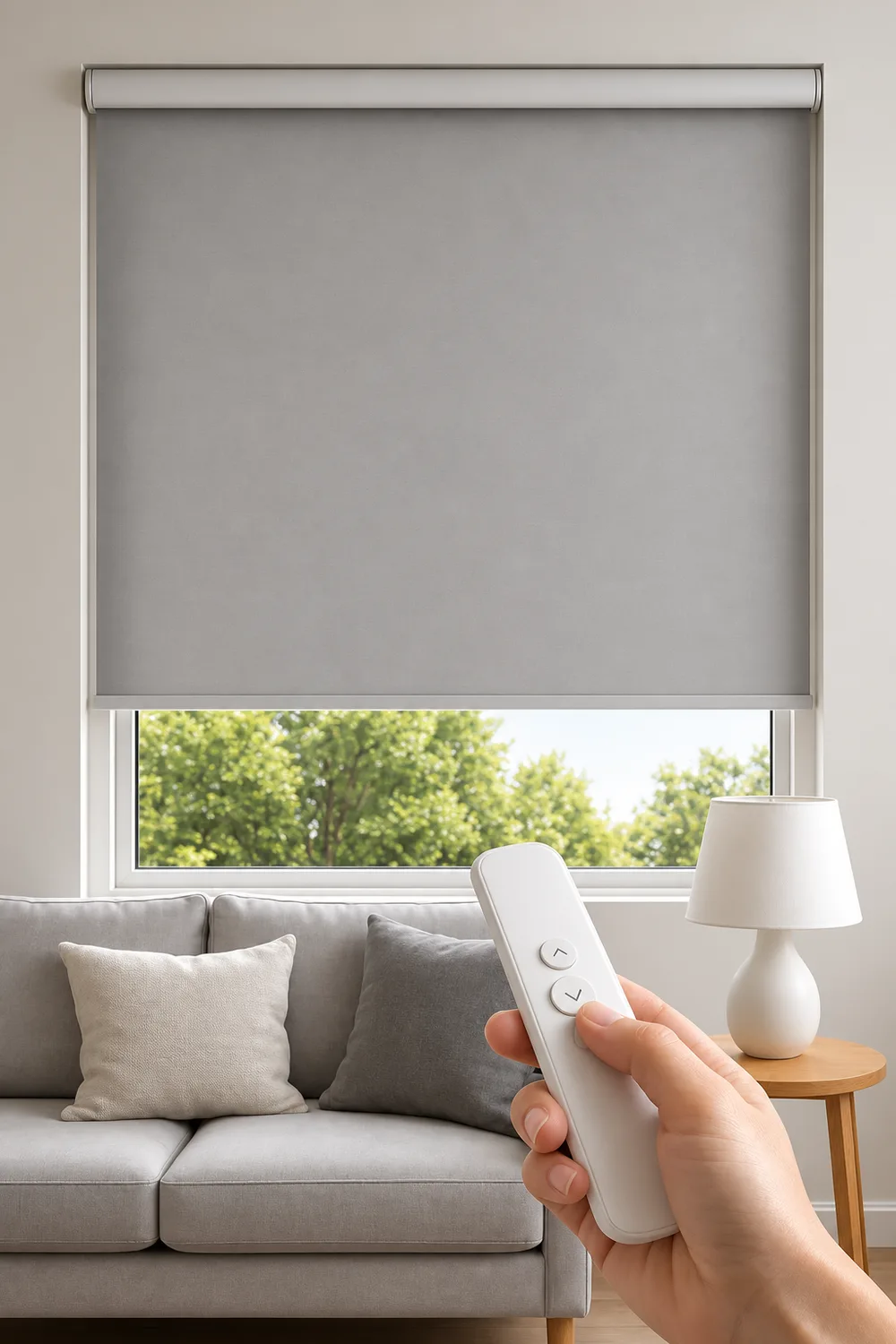 Hand using a white remote to control a grey motorised roller blind above a neutral living-room sofa