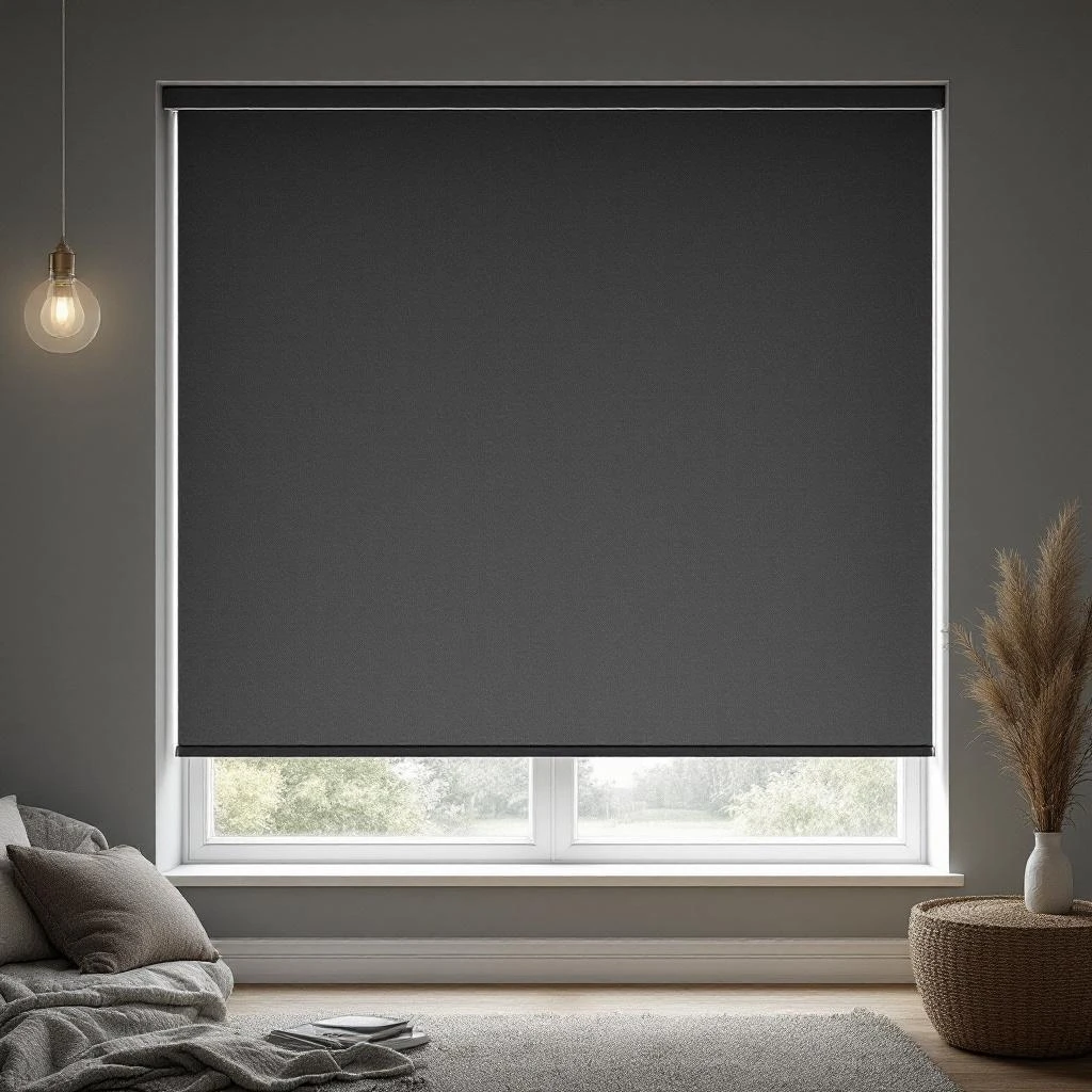Dark grey blockout roller blind installed in a bedroom window