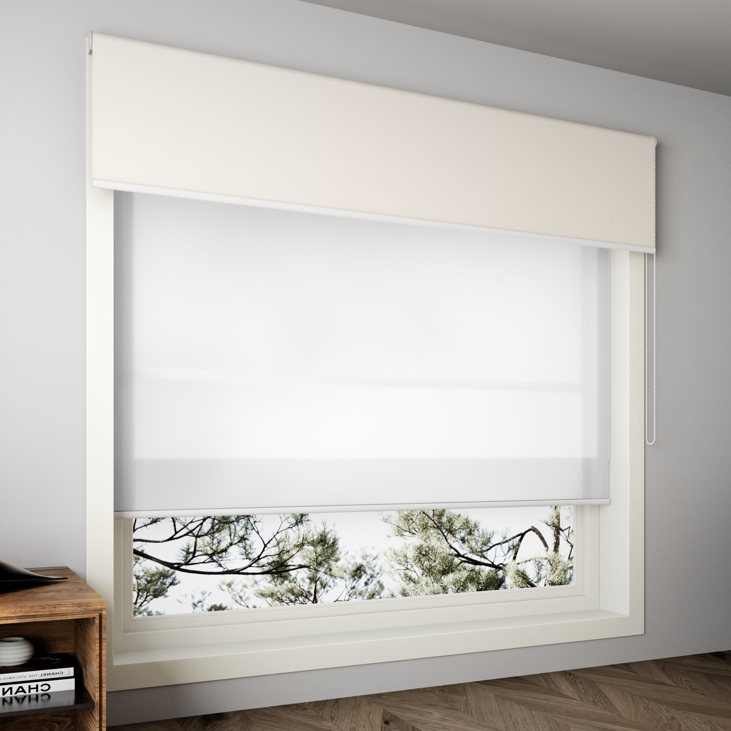 Double roller blinds installed over a window with blockout and translucent fabric layers