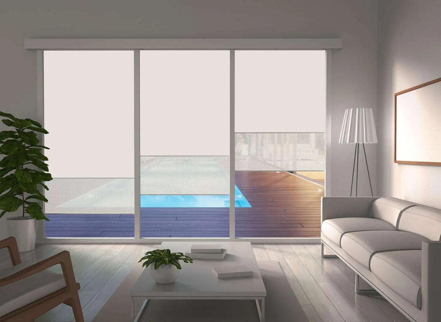 Dual roller blinds installed across large living room windows