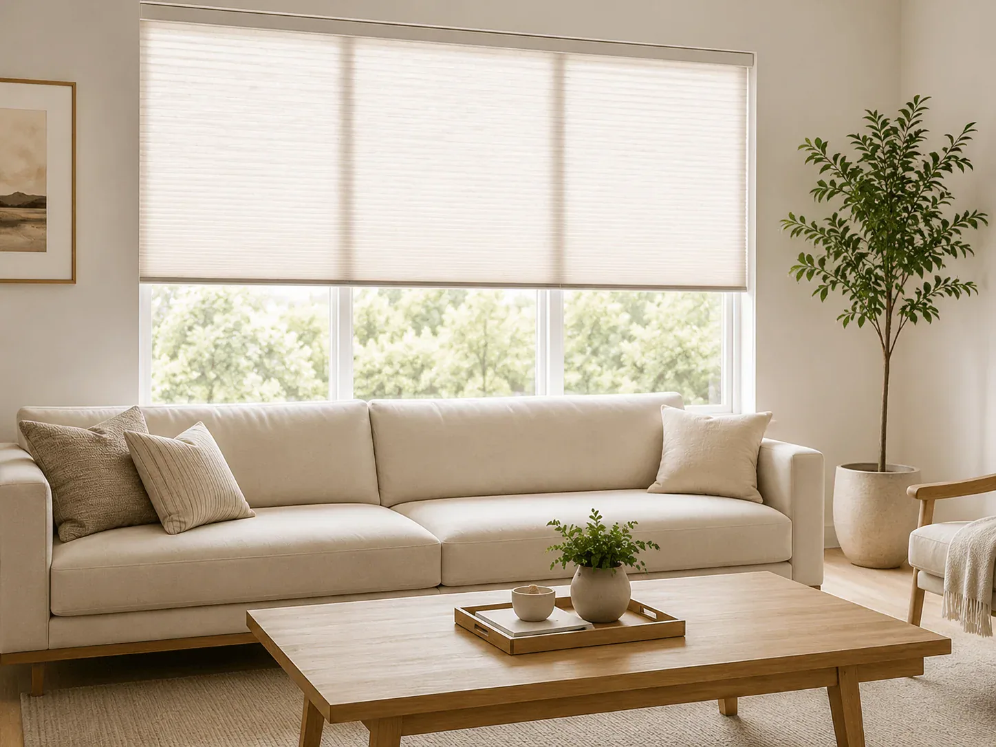 Light-filtering roller blind softly diffusing daylight above a neutral living room sofa
