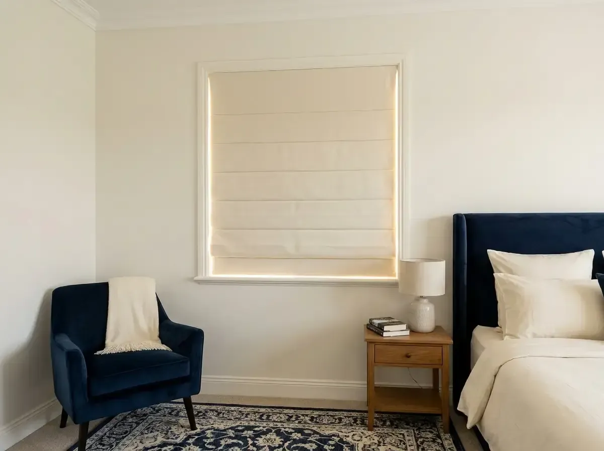 Cream Roman blind fitted above a bedroom window beside navy furniture