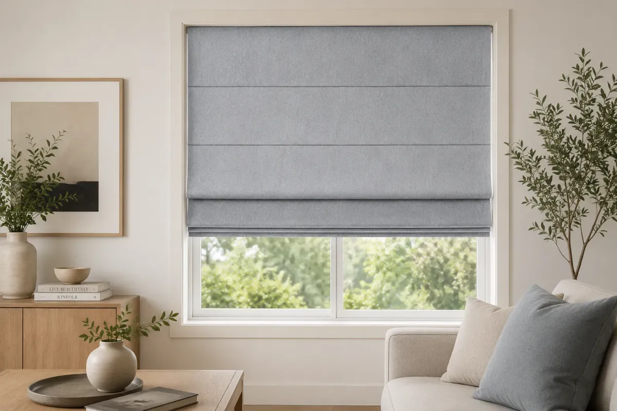 Grey Roman blind filtering daylight in a softly furnished living room