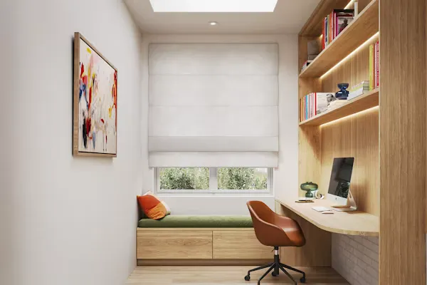Light-filtering Roman blind above a window seat in a fitted home study