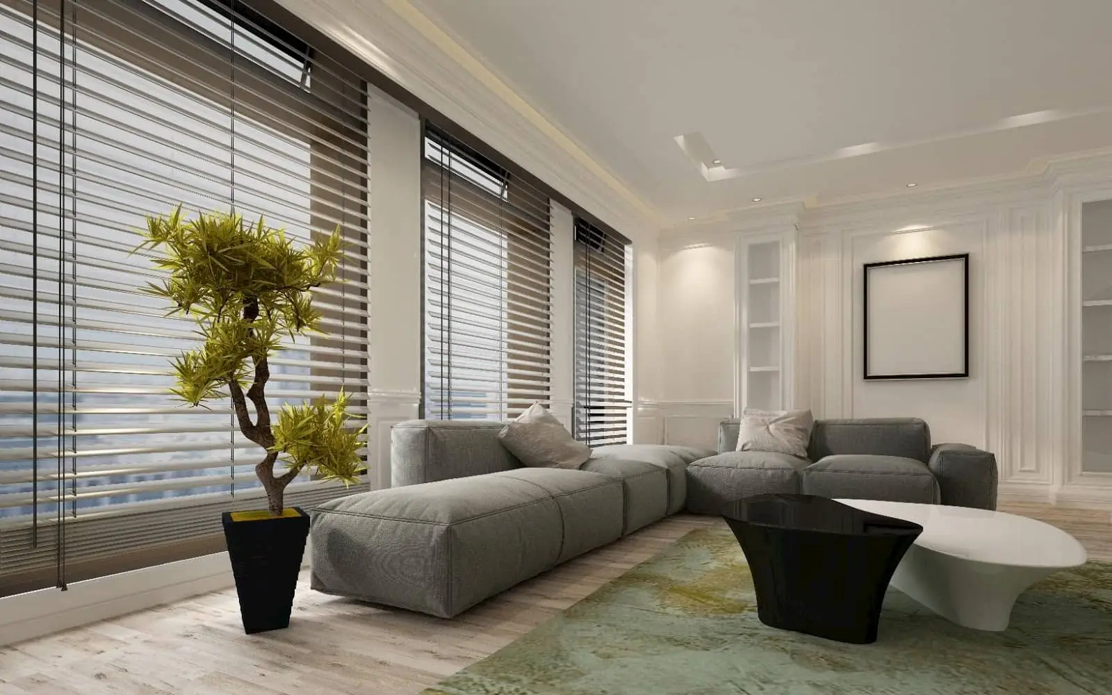 Timber Venetian blinds in a modern living room