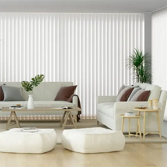 Vertical blinds fitted across large glass doors in a modern living room