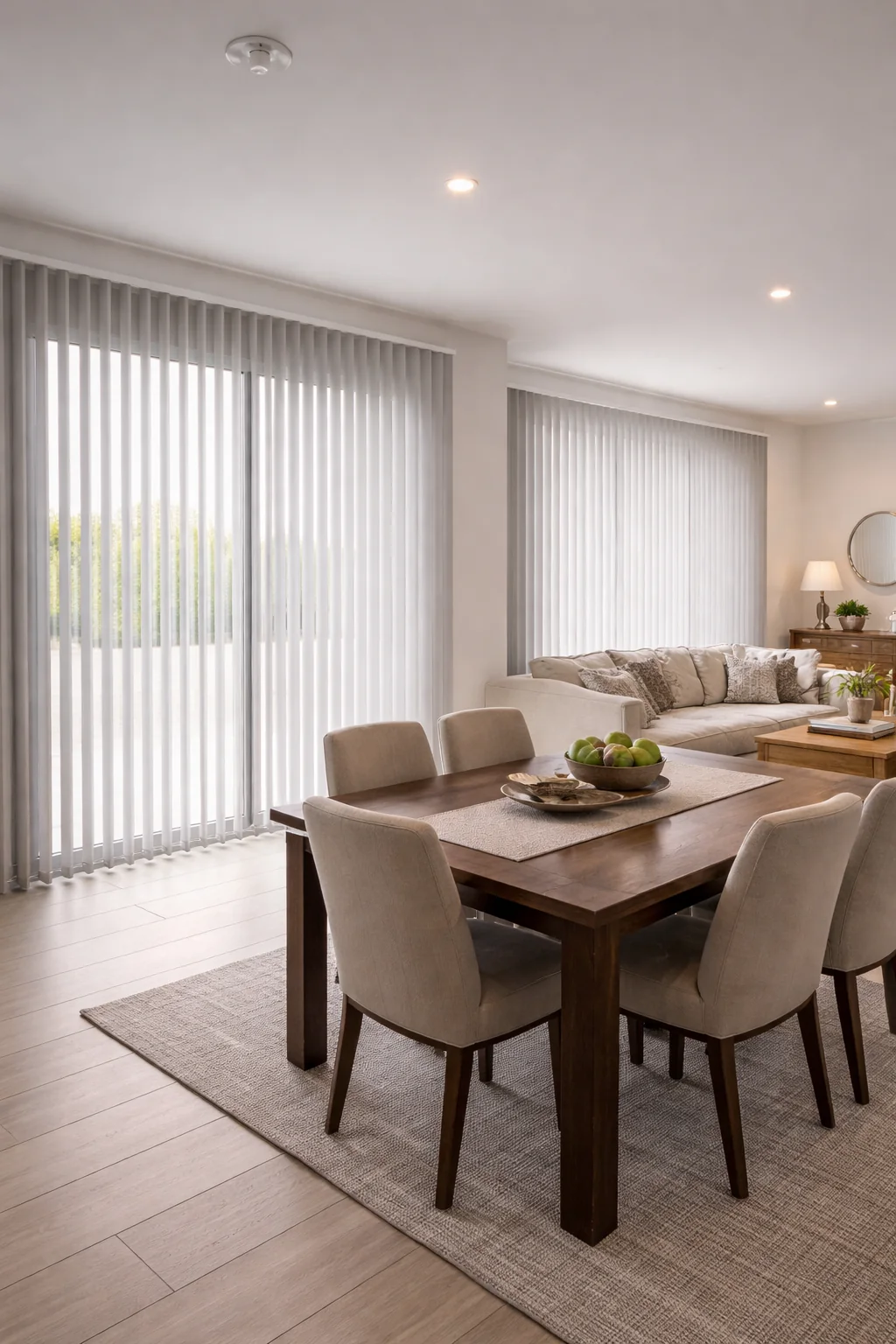White vertical blinds fitted across wide windows in an open-plan dining and living room